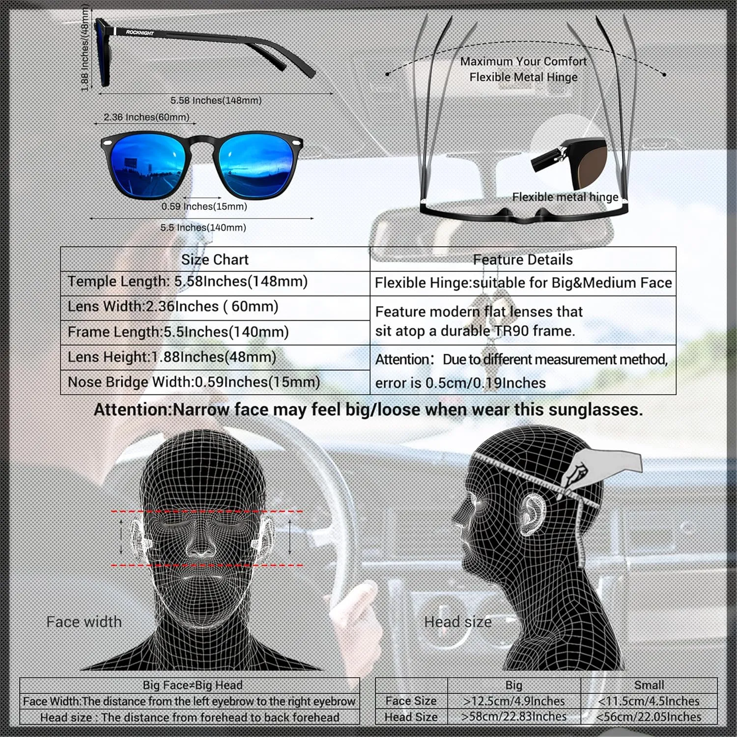 ROCKNIGHT Polarized Driving Sunglasses UV400 Protection Lightweight Al-Mg Metal Frame Outdoor Casual