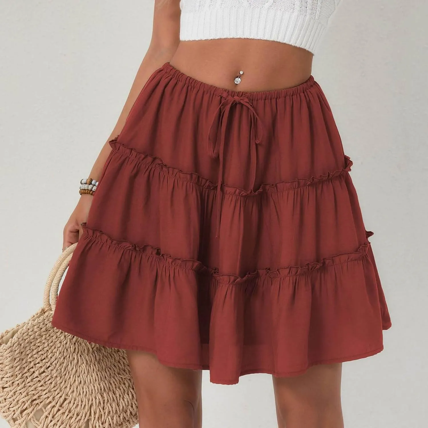 Ruffle High Waist Mini Skirt for Women Stretchy Lightweight Layered Solid Short Skirts Swing Casual Beach Shorts
