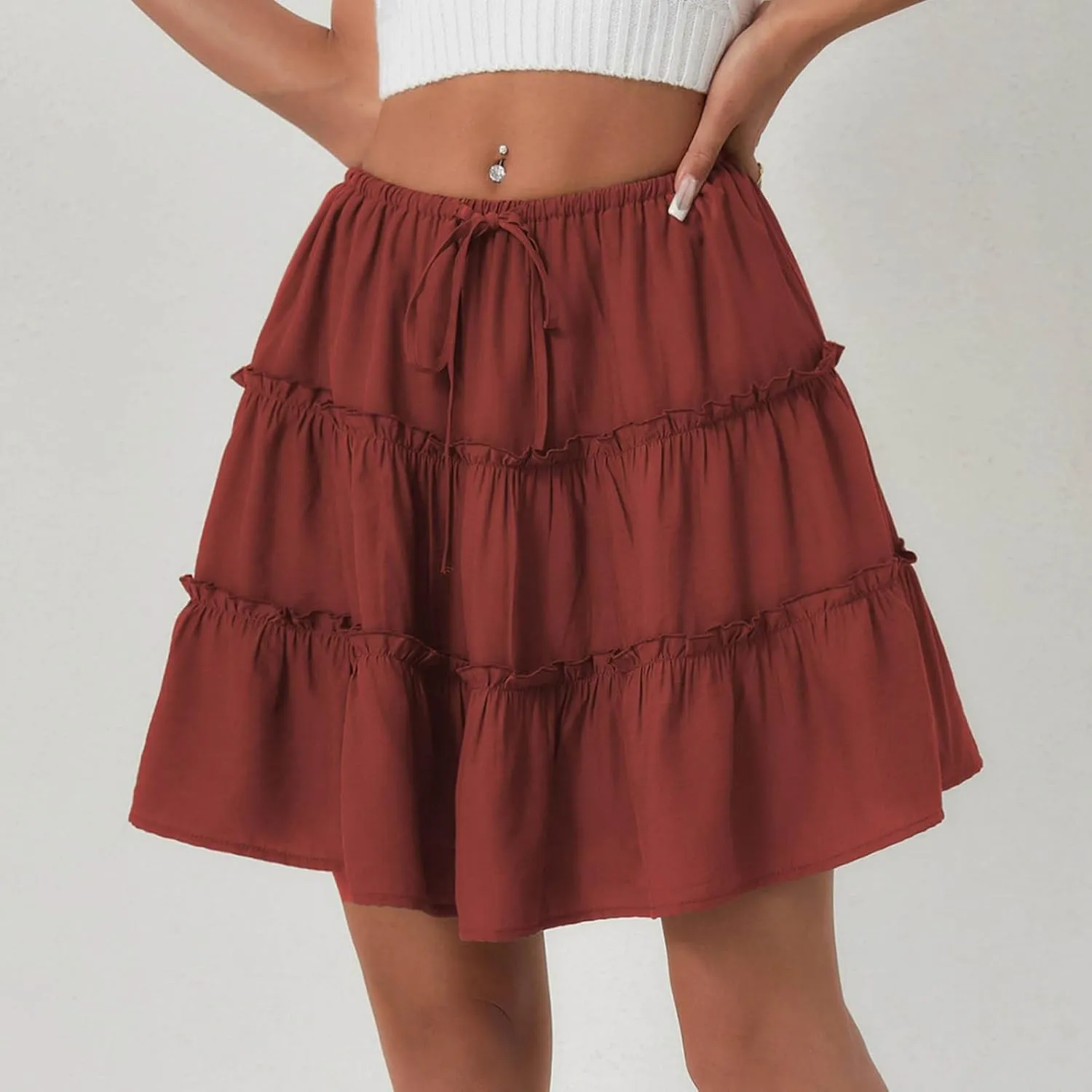 Ruffle High Waist Mini Skirt for Women Stretchy Lightweight Layered Solid Short Skirts Swing Casual Beach Shorts