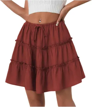 Ruffle High Waist Mini Skirt for Women Stretchy Lightweight Layered Solid Short Skirts Swing Casual Beach Shorts