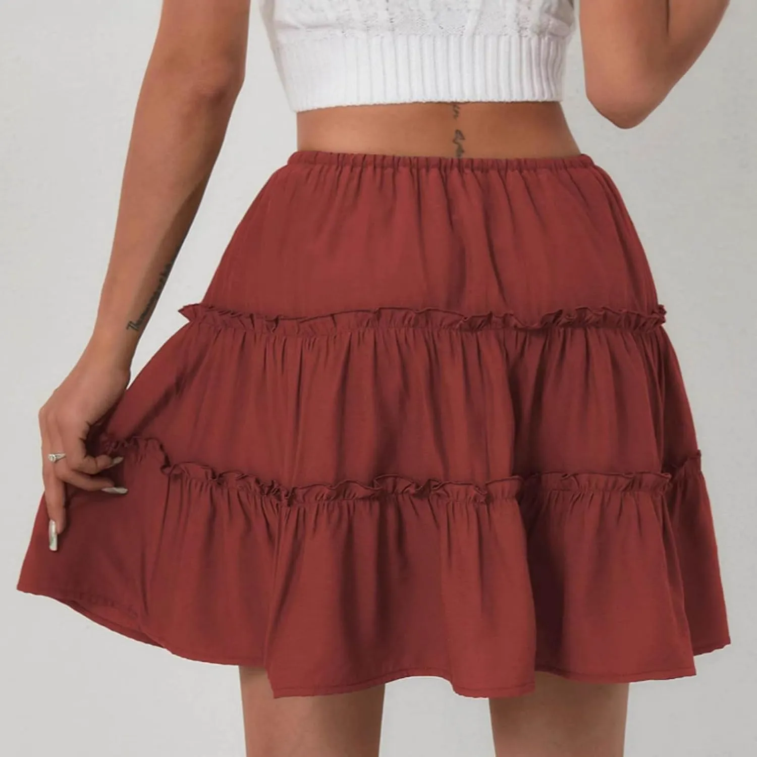 Ruffle High Waist Mini Skirt for Women Stretchy Lightweight Layered Solid Short Skirts Swing Casual Beach Shorts