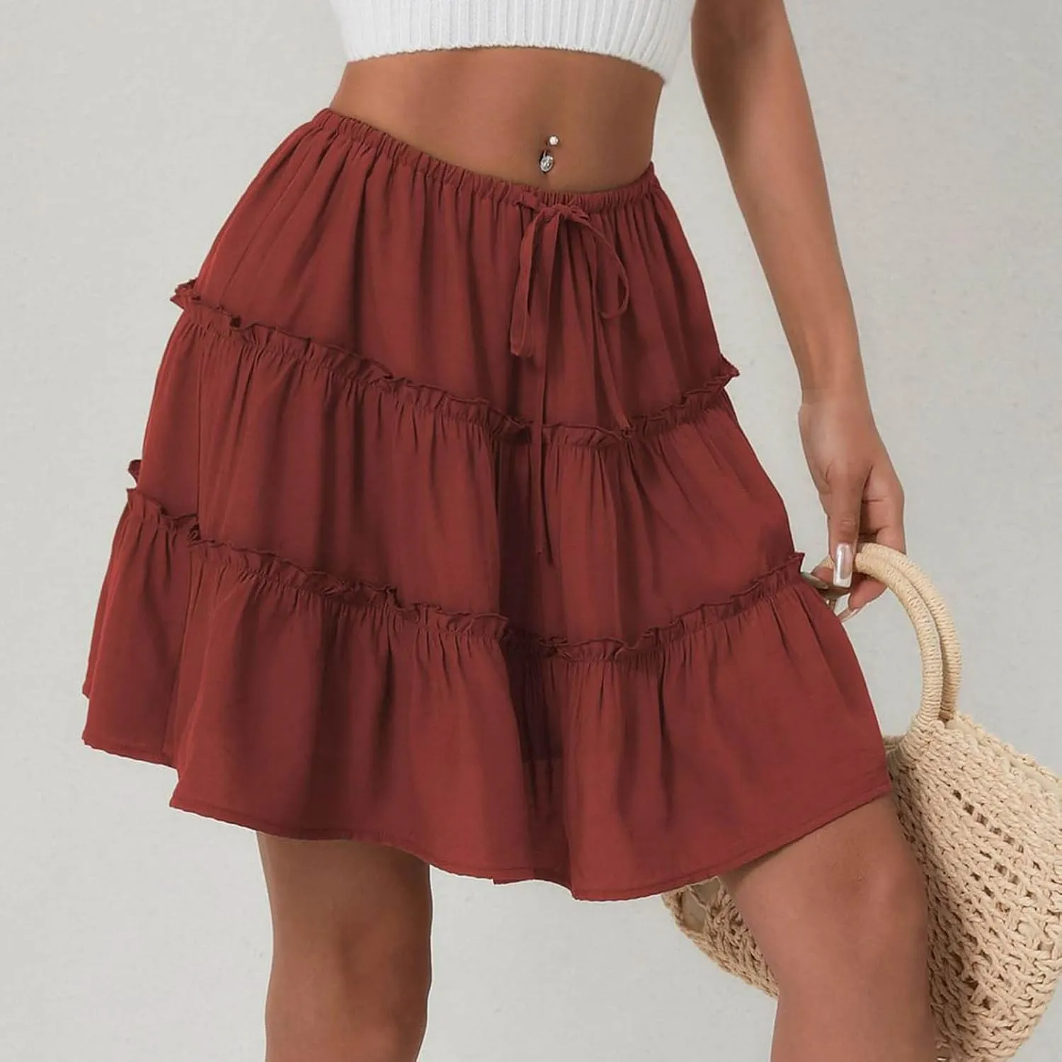 Ruffle High Waist Mini Skirt for Women Stretchy Lightweight Layered Solid Short Skirts Swing Casual Beach Shorts