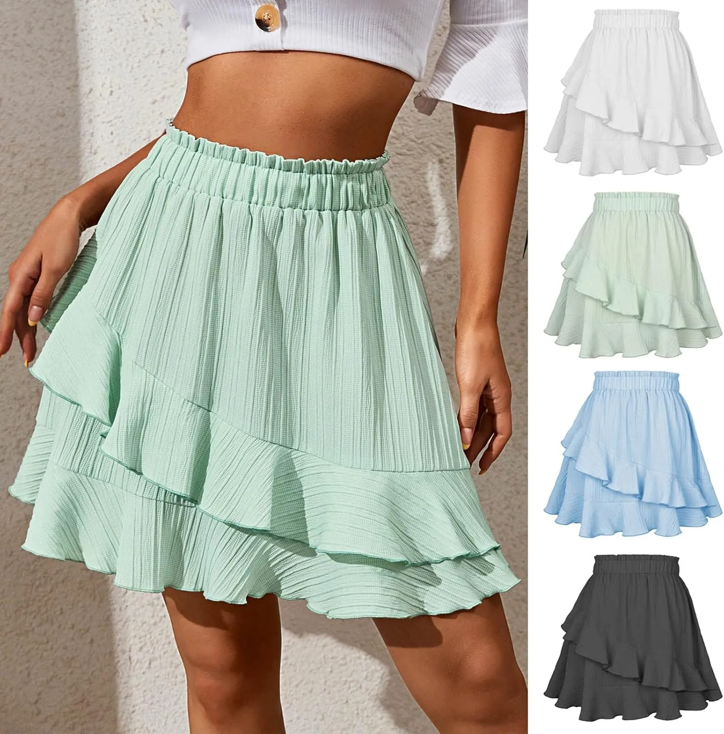 Ruffle Skirt for Women Cute High Waist Mini Skirt Double Layer Flared Flowy Casual Swing Beach Mini Skirt