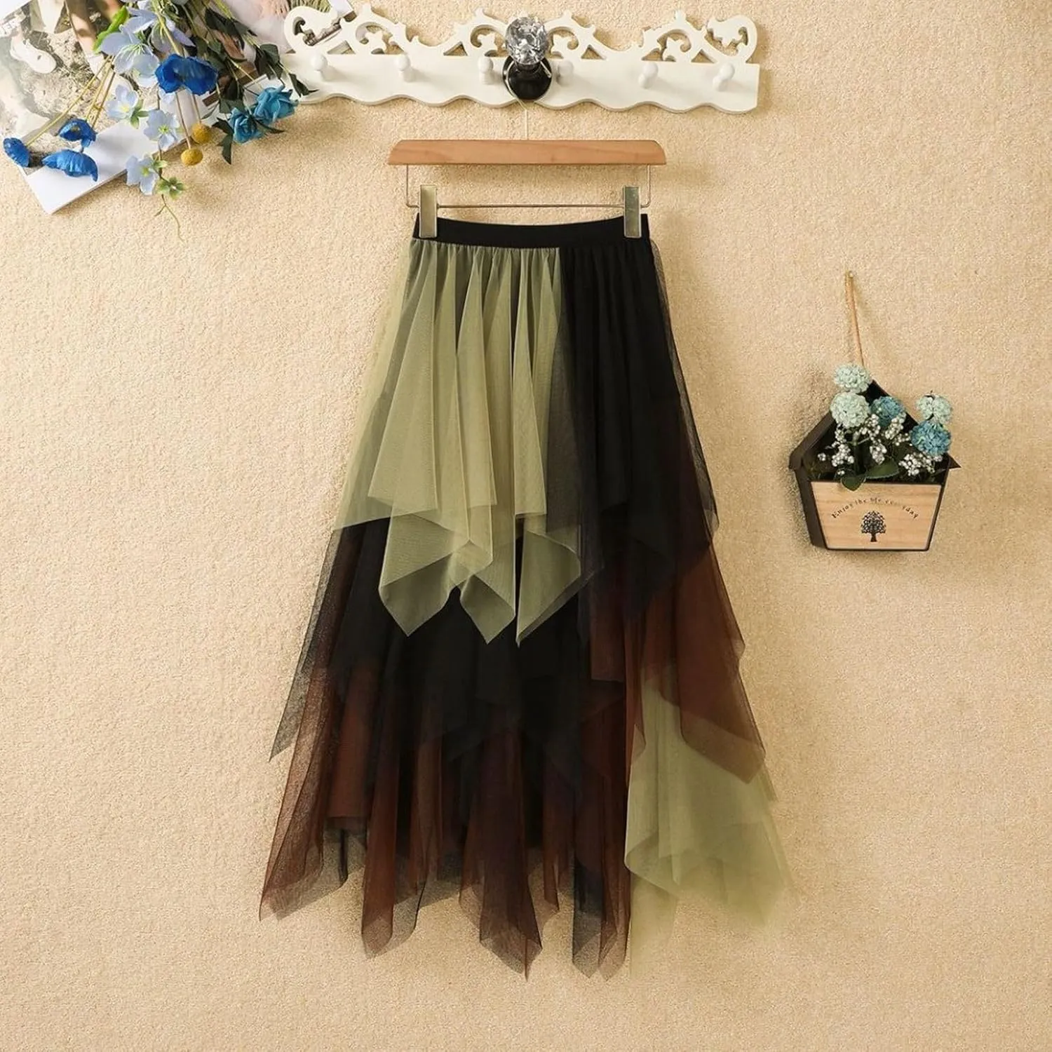 Ruffle Skirt for Women Trendy High Elastic Waist Retro Mesh Sheer Loose A-Line Long Skirts for Women Summer Vacation