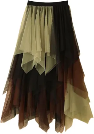 Ruffle Skirt for Women Trendy High Elastic Waist Retro Mesh Sheer Loose A-Line Long Skirts for Women Summer Vacation