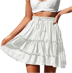 Ruffle Skirts Women Mini Summer Skirts Drawstring Elastic Waist Skirts Flowy Pleated Skirts Short Vacation Skirts