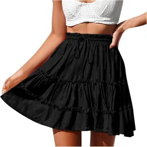 Ruffle Skirts Women Mini Summer Skirts Drawstring Elastic Waist Skirts Flowy Pleated Skirts Short Vacation Skirts