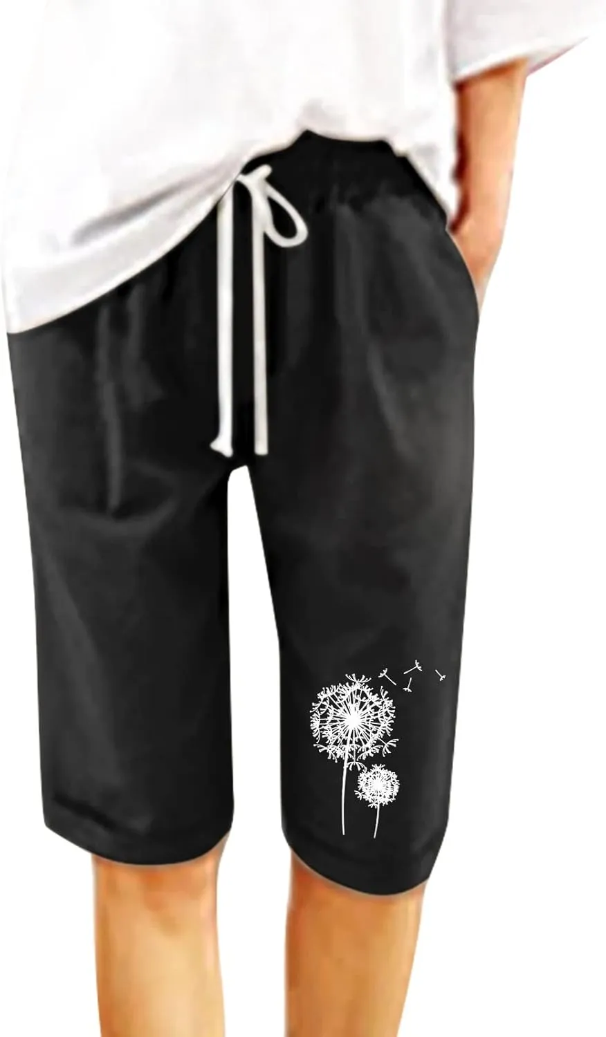 Rvidbe Bermuda Shorts for Women Knee Length High Waisted Summer Lightweight Cotton Shorts Elastic Waist Shorts with Pockets Women Bermuda Shorts Knee Length Denim Shorts for Women Trendy