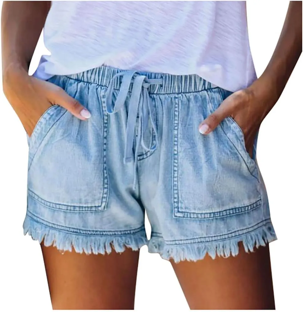 Rvidbe Womens Denim Shorts Juniors Casual Summer Mid Rise Stretchy Ripped Cuffed Hem Tassels Jean Shorts with Pockets High Waisted Jean Shorts Women Shorts for Women High Waisted