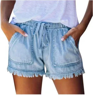Rvidbe Womens Denim Shorts Juniors Casual Summer Mid Rise Stretchy Ripped Cuffed Hem Tassels Jean Shorts with Pockets High Waisted Jean Shorts Women Shorts for Women High Waisted