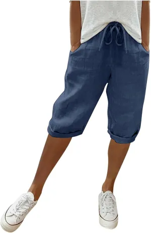 sdbrld Linen Shorts for Women Pull On Knee-Length Bermuda Shorts Plus Size Drawstring Casual Summer High Waisted Shorts 2024