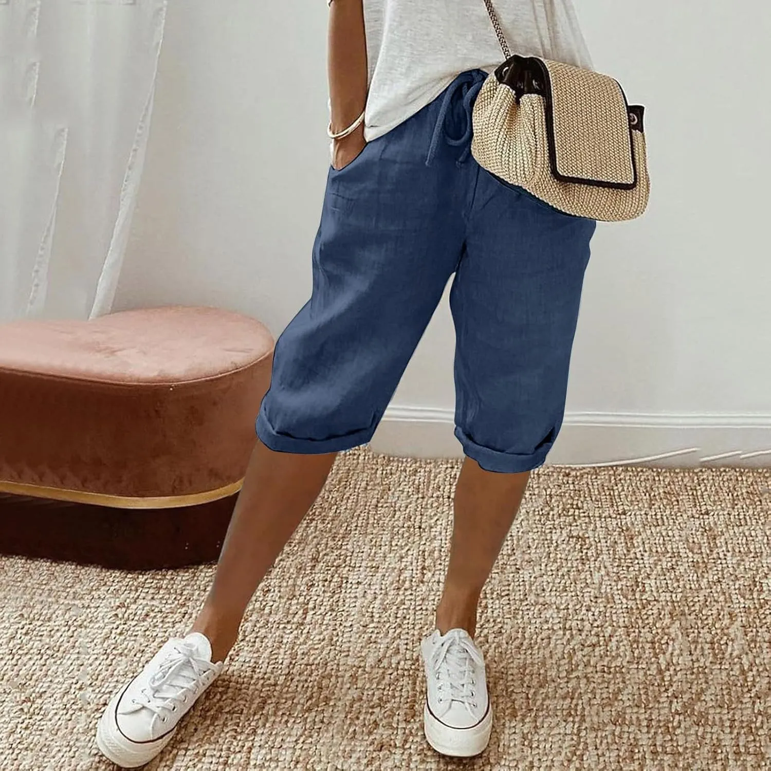 sdbrld Linen Shorts for Women Pull On Knee-Length Bermuda Shorts Plus Size Drawstring Casual Summer High Waisted Shorts 2024
