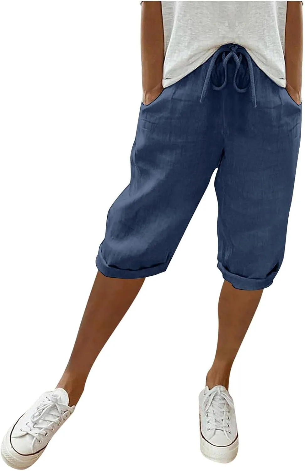 sdbrld Linen Shorts for Women Pull On Knee-Length Bermuda Shorts Plus Size Drawstring Casual Summer High Waisted Shorts 2024