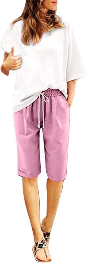 sdbrld Shorts for Women Pack High Waisted Shorts Women Denim Fashion Women's Cotton Elastic Waist Knee Length Curling Bermuda Shorts with Drawstring