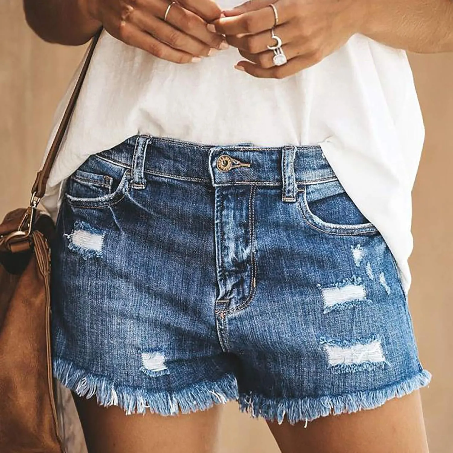 Senyentiewomens High Waisted Jean Shorts for Women Denim Frayed Raw Hem Distressed Denim Short Pull On Hot Shorts Causal