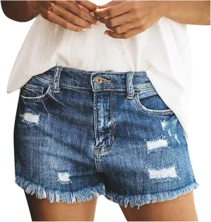 Senyentiewomens High Waisted Jean Shorts for Women Denim Frayed Raw Hem Distressed Denim Short Pull On Hot Shorts Causal