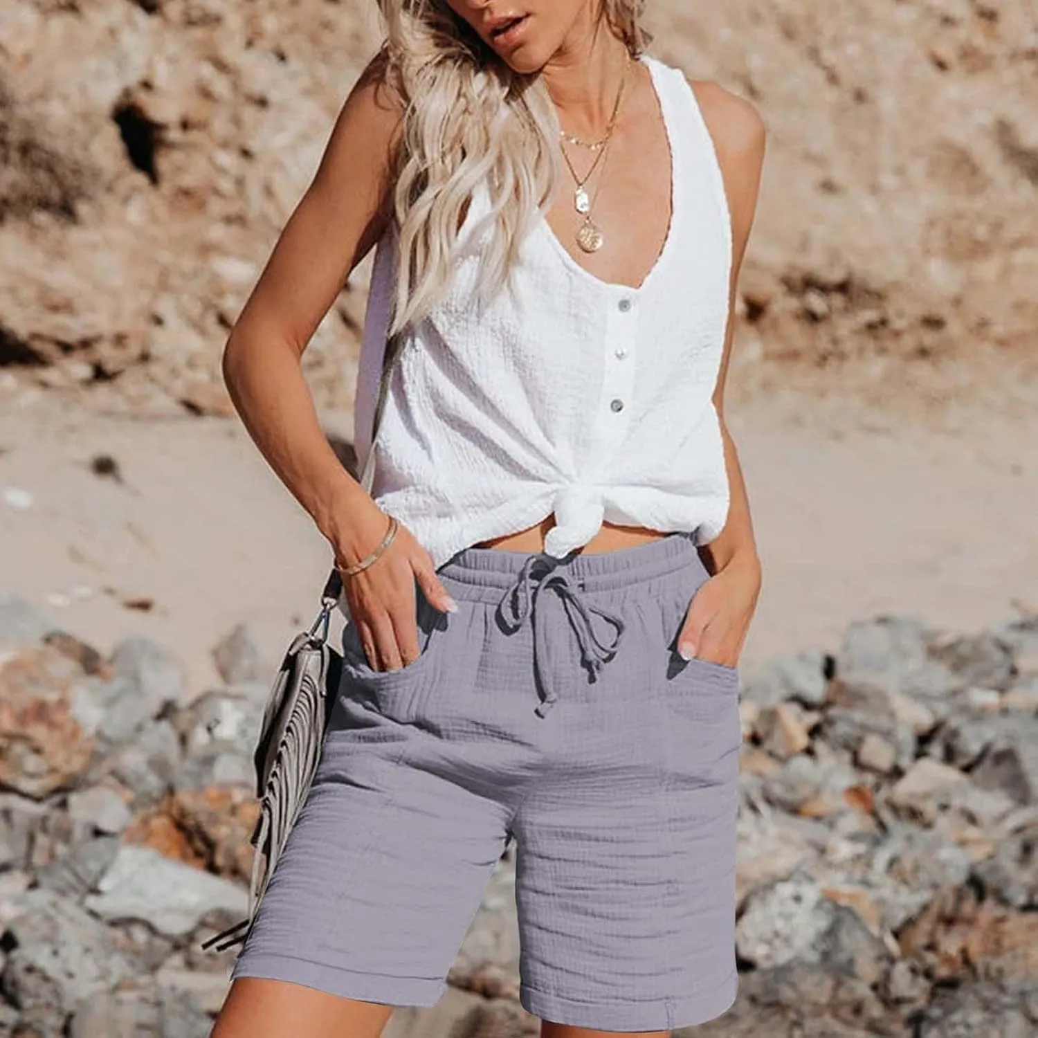 Shorts for Women Linen Shorts Elastic Waist Casual Lightweight with Pockets Cute Drawstring Summer Beach Shorts 2025 Fashion