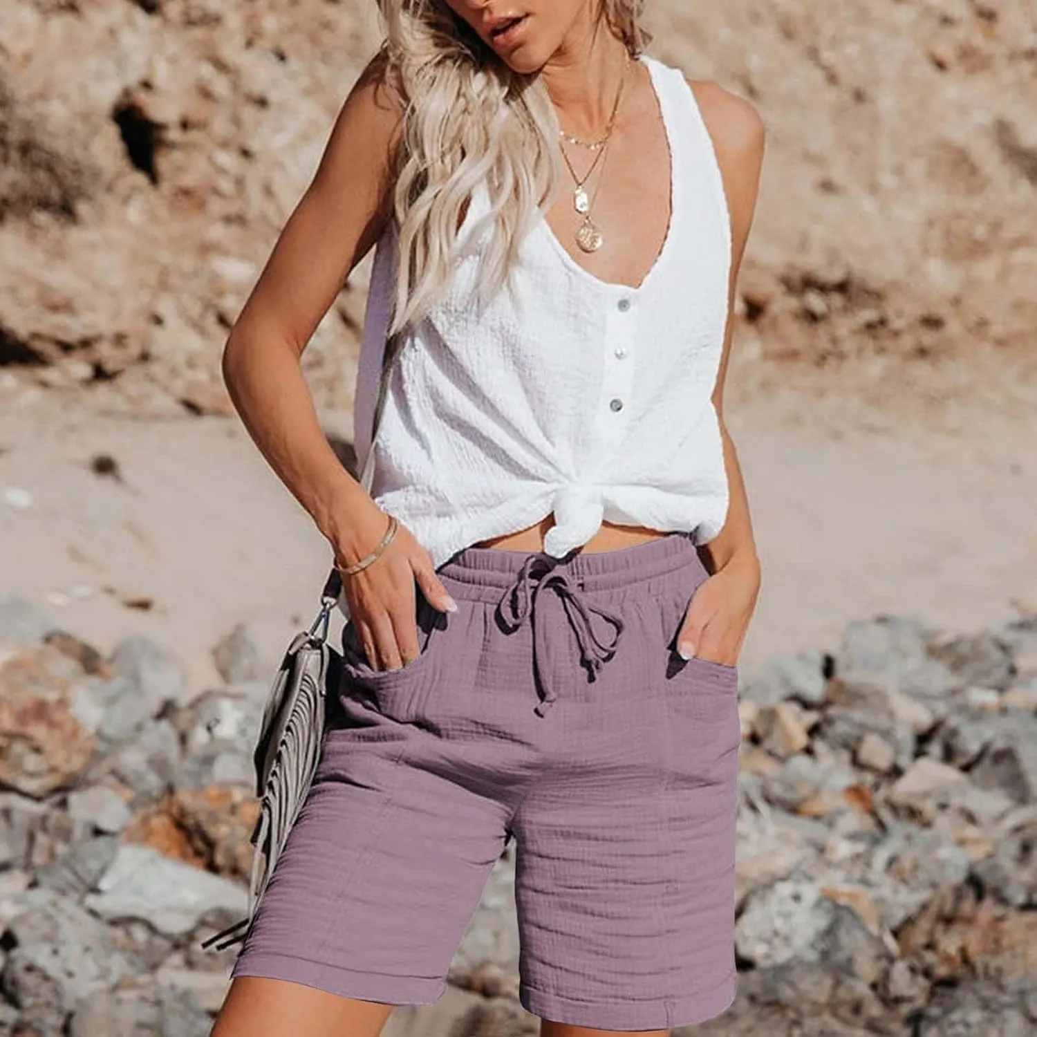 Shorts for Women Linen Shorts Elastic Waist Casual Lightweight with Pockets Cute Drawstring Summer Beach Shorts 2025 Fashion