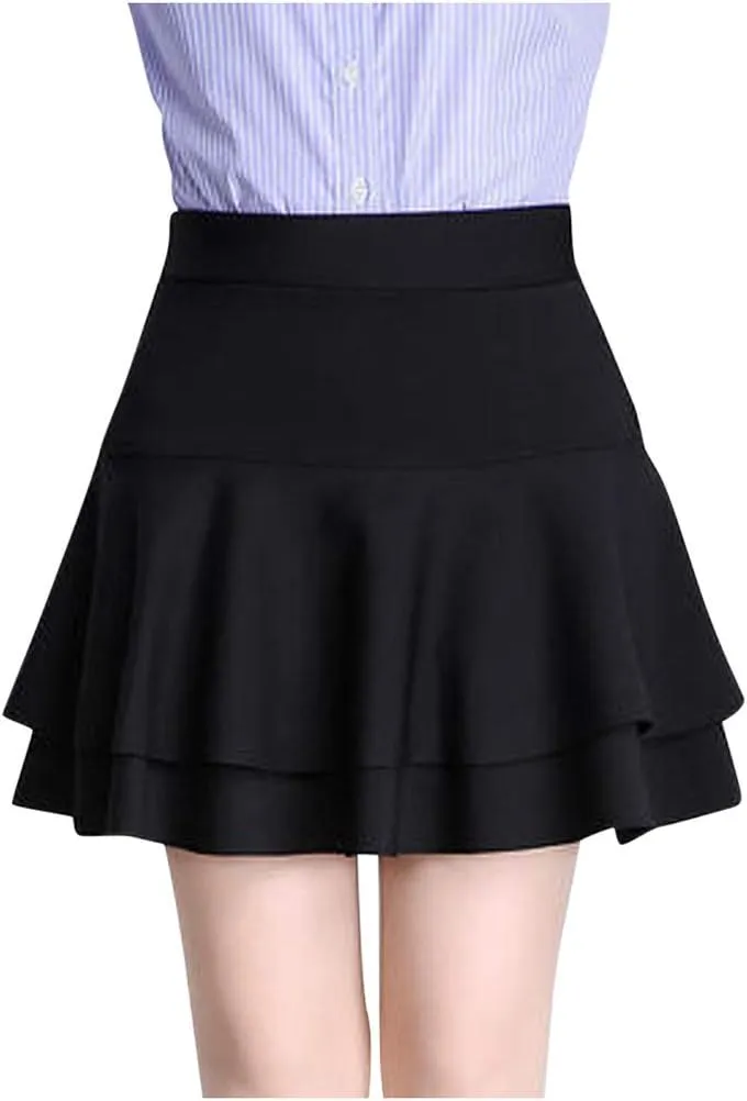 Skirts for Women Elastic High Waist Mini Skirts Ruffle Layered Pleated Skirts Solid Casual Three-Layer Base Women