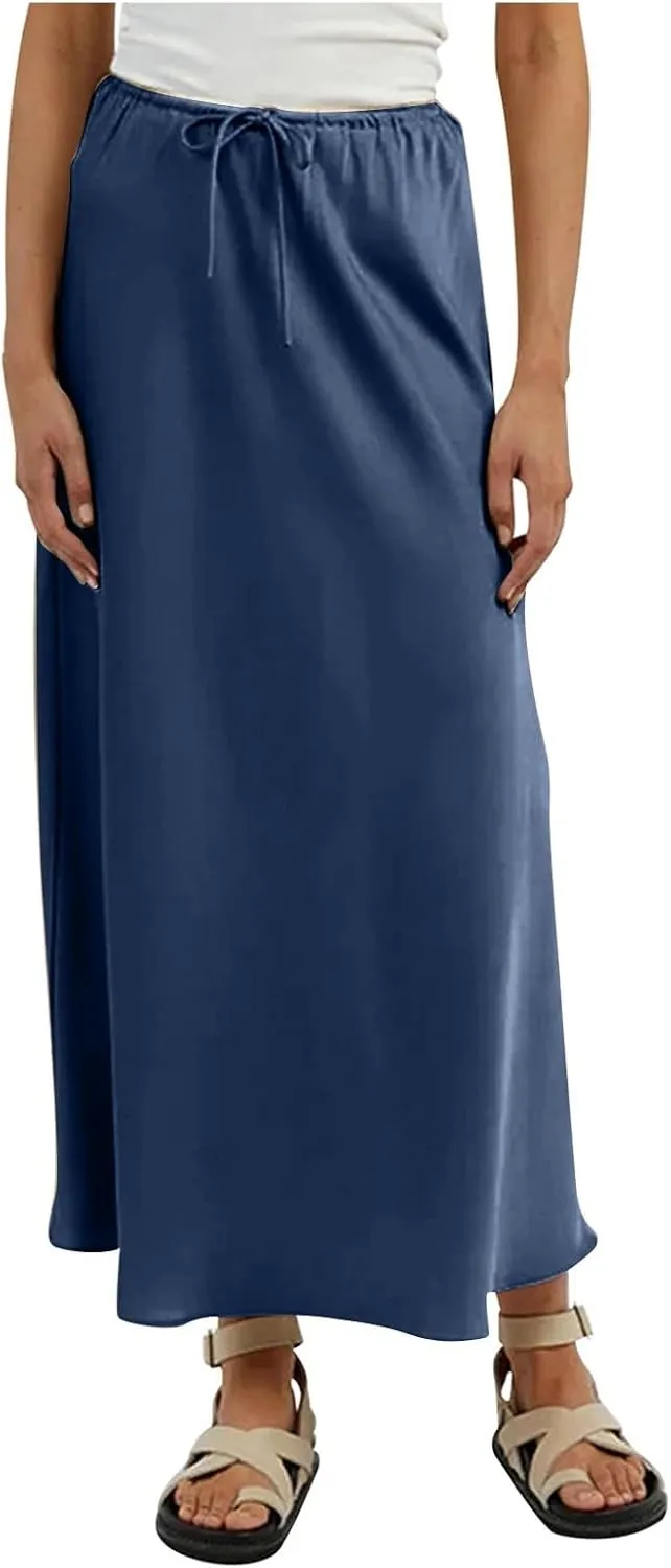Skirts for Women Trendy Summer Drawstring Elastic Waist Business Casual Formal Long Straight Maxi Pencil Skirt Dress