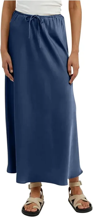Skirts for Women Trendy Summer Drawstring Elastic Waist Business Casual Formal Long Straight Maxi Pencil Skirt Dress