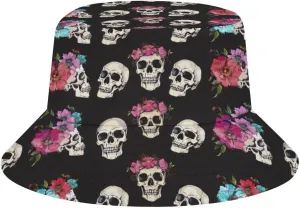 Skull Flower Bucket Hat Lightweight Fishing Hat Wide Brim Sun Protection Cap for Men Women
