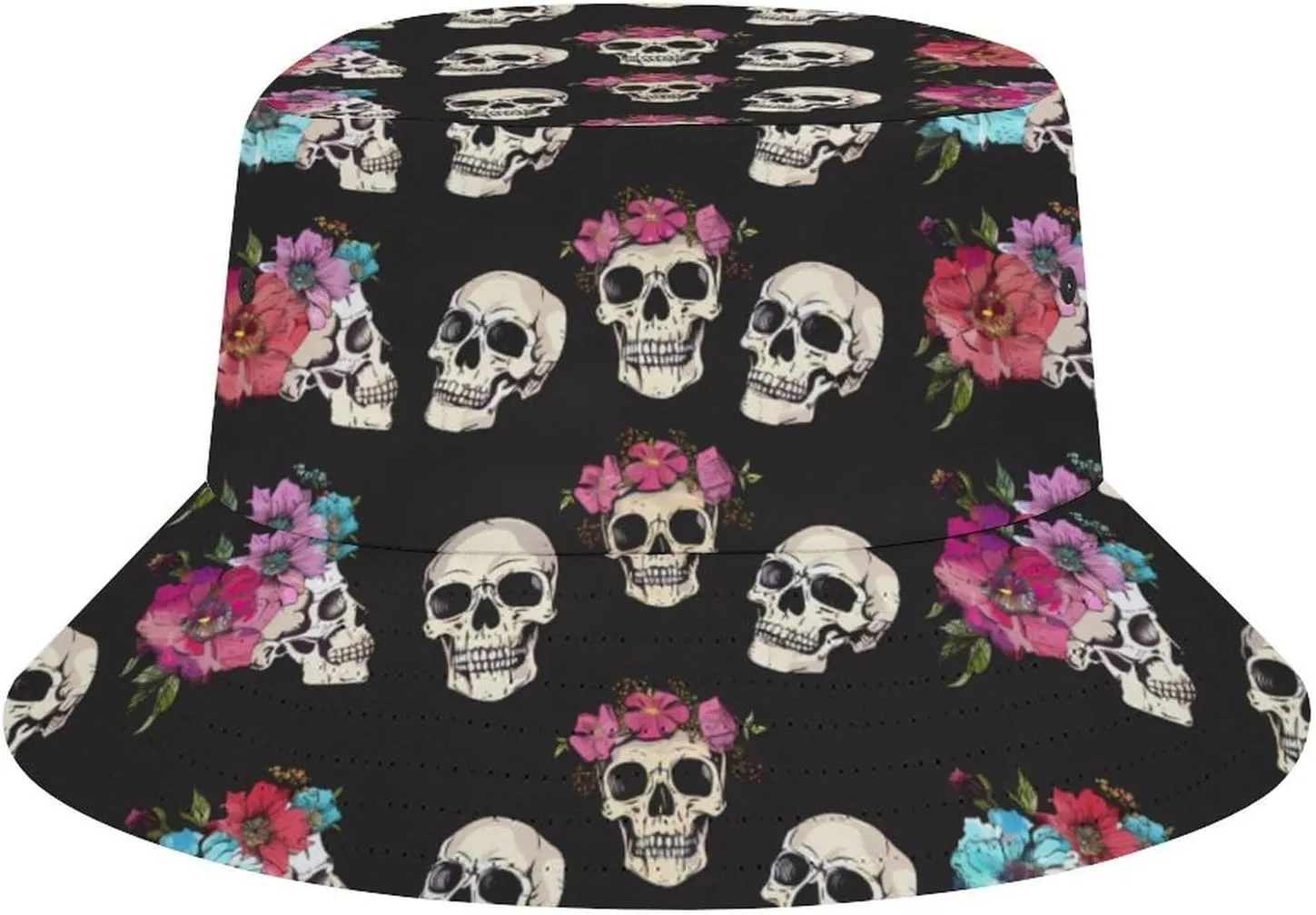 Skull Flower Bucket Hat Lightweight Fishing Hat Wide Brim Sun Protection Cap for Men Women
