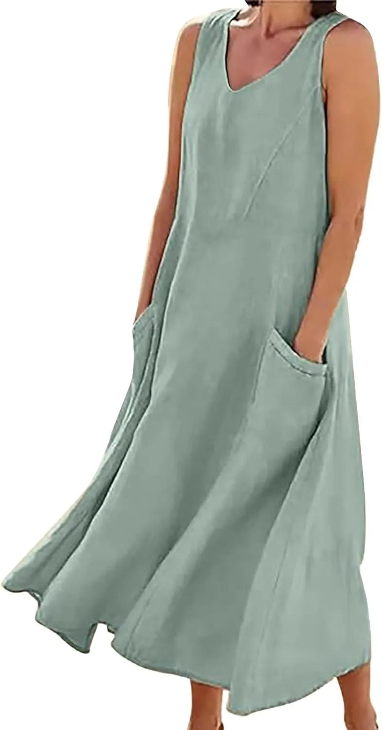 Sleeveless Maxi Long Beach Shirt Dress Women's Summer Casual Sleeveless Long Maxi Beach Dress Cotton Casual Dress