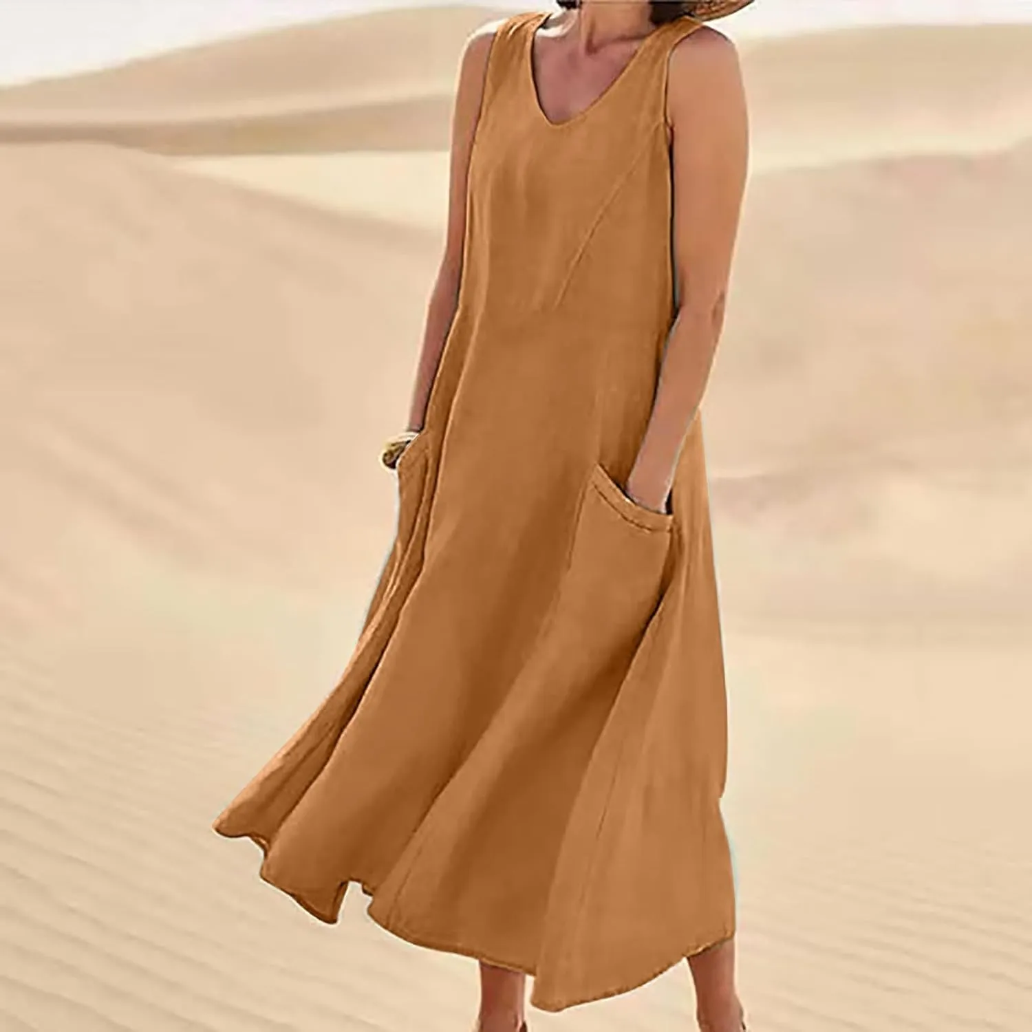 Sleeveless Striped Minn Dress Women's Fashionable Casual Solid Color Pocket V Neck Sleeveless Casual Dress 100