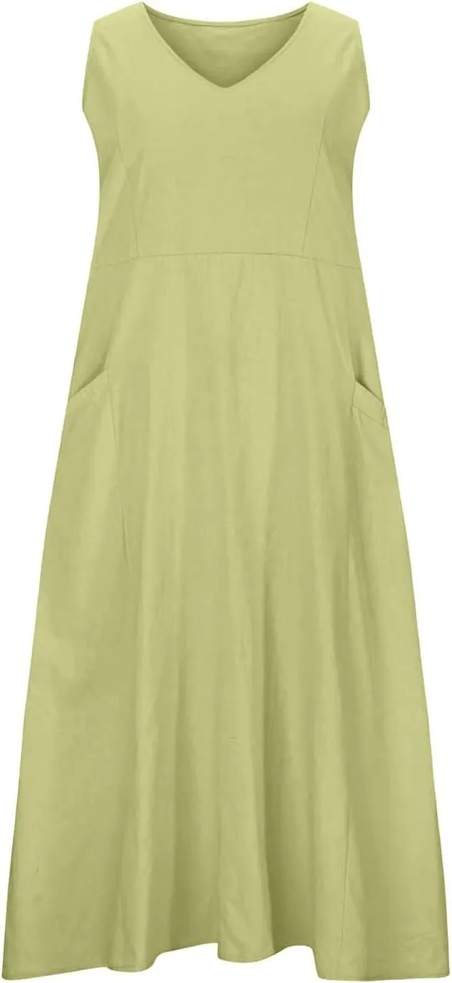 Sleeveless Striped Minn Dress Women's Fashionable Casual Solid Color Pocket V Neck Sleeveless Casual Dress 100
