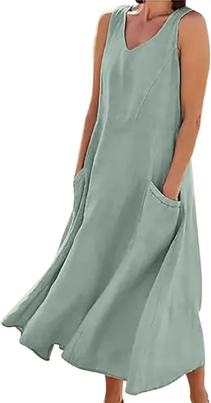 Sleeveless Striped Minn Dress Women's Fashionable Casual Solid Color Pocket V Neck Sleeveless Casual Dress 100