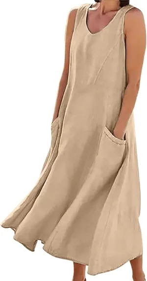 Sleeveless Striped Minn Dress Women's Fashionable Casual Solid Color Pocket V Neck Sleeveless Casual Dress 100