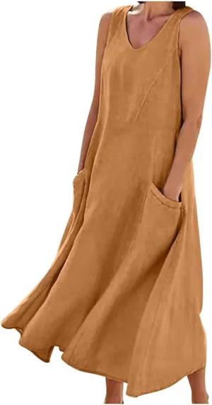 Sleeveless Striped Minn Dress Women's Fashionable Casual Solid Color Pocket V Neck Sleeveless Casual Dress 100