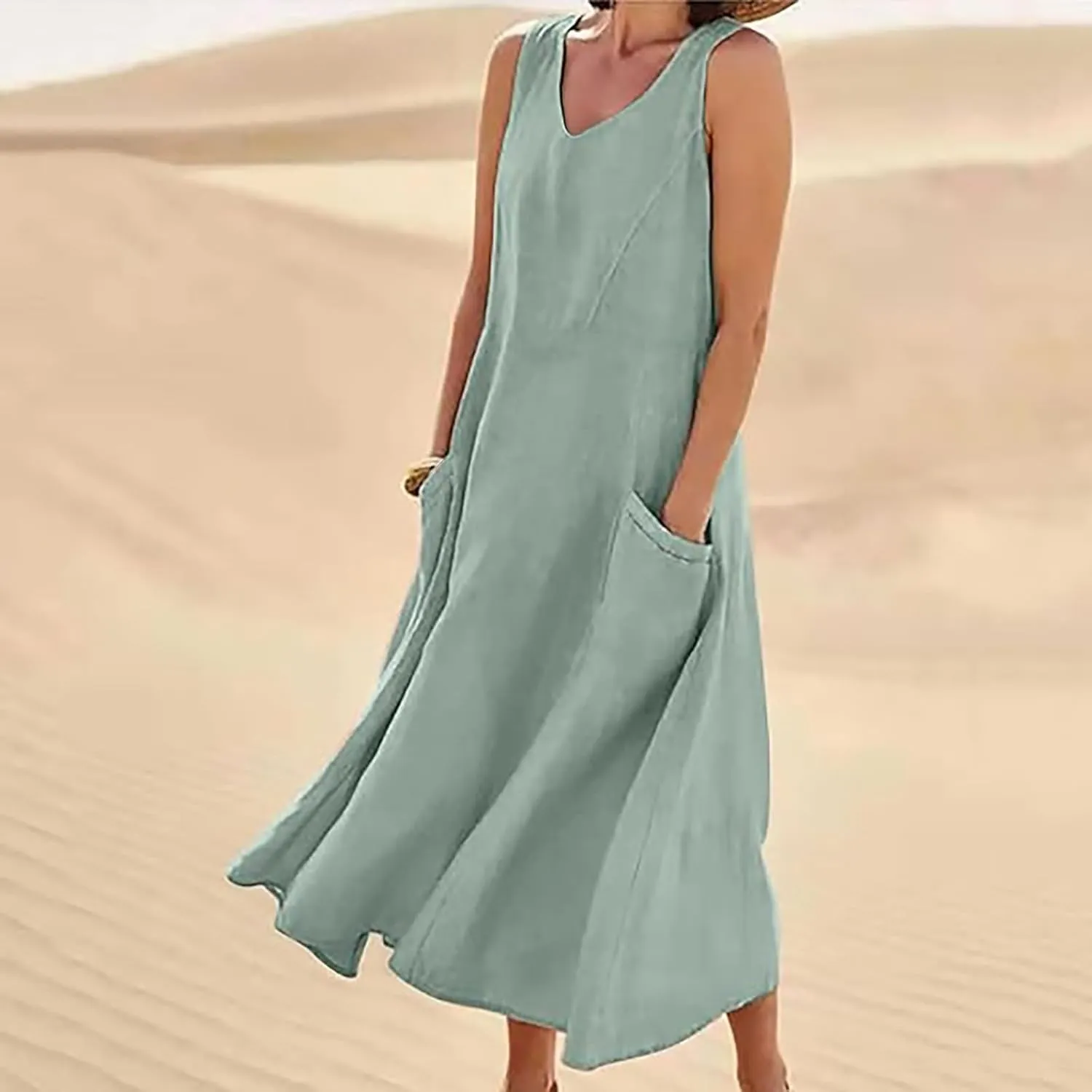 Sleeveless Striped Minn Dress Women's Fashionable Casual Solid Color Pocket V Neck Sleeveless Casual Dress 100