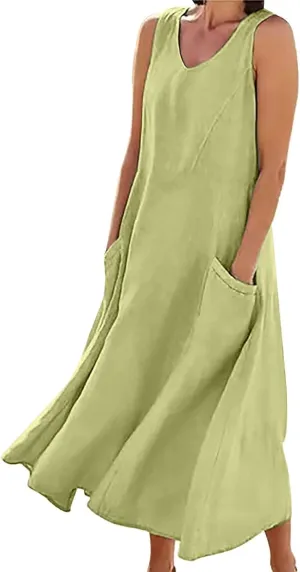 Sleeveless Striped Minn Dress Women's Fashionable Casual Solid Color Pocket V Neck Sleeveless Casual Dress 100