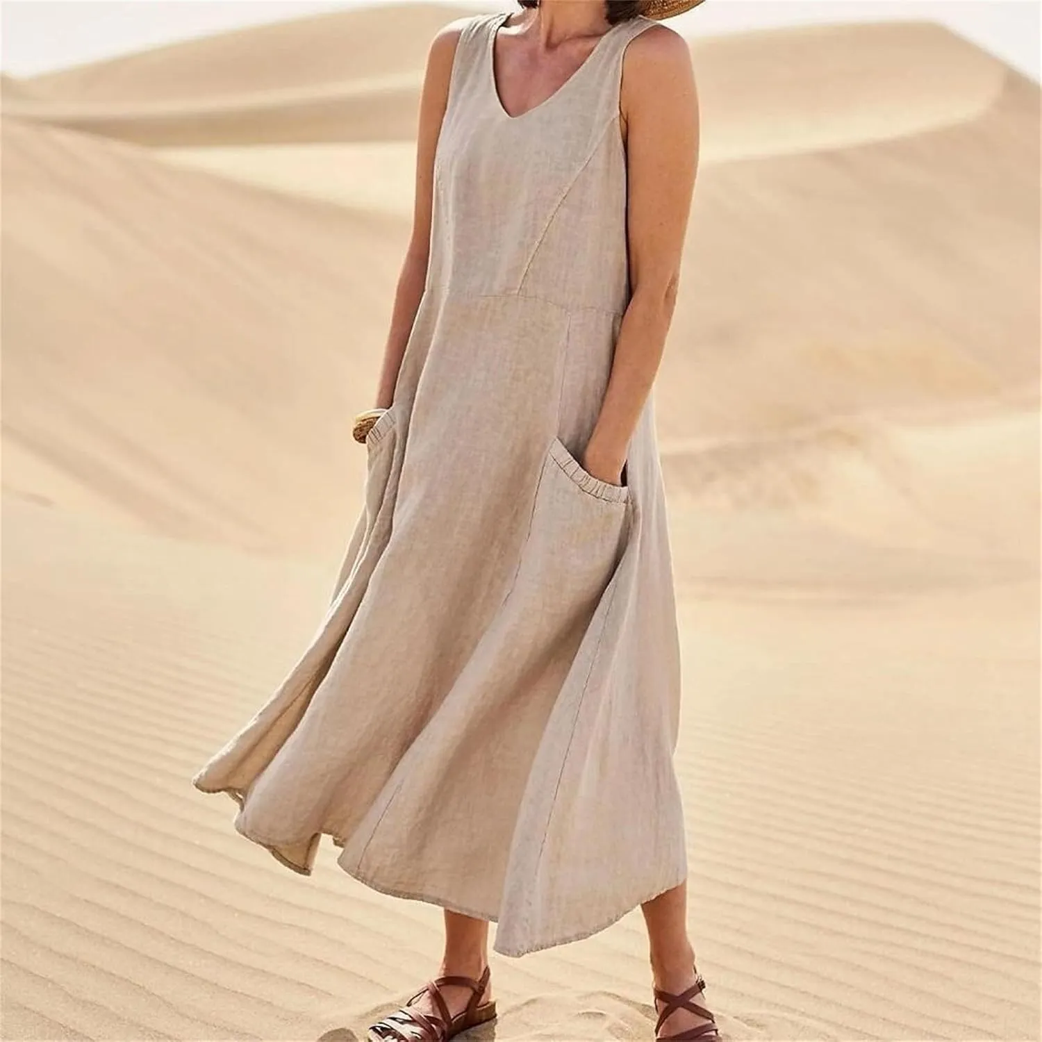 Sleeveless Striped Minn Dress Women's Fashionable Casual Solid Color Pocket V Neck Sleeveless Casual Dress 100