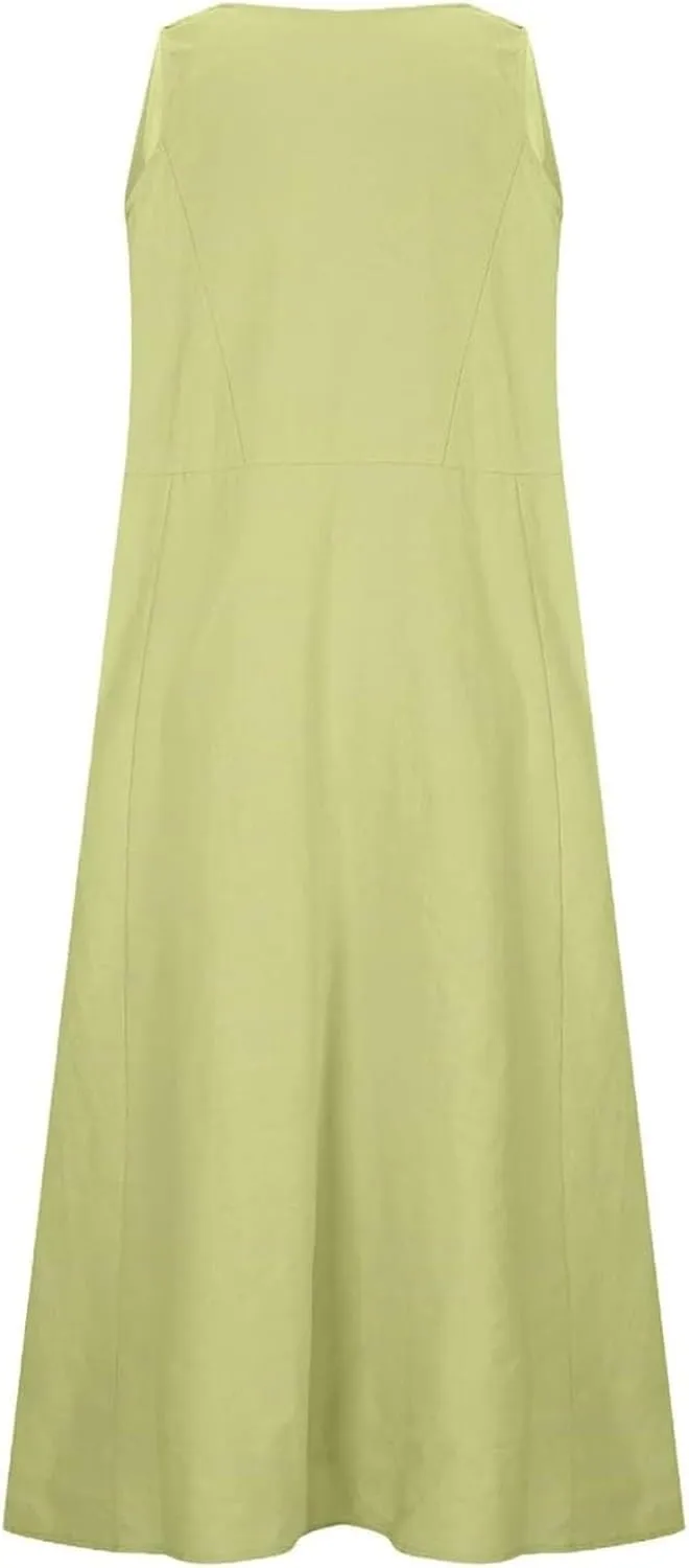 Sleeveless Striped Minn Dress Women's Fashionable Casual Solid Color Pocket V Neck Sleeveless Casual Dress 100
