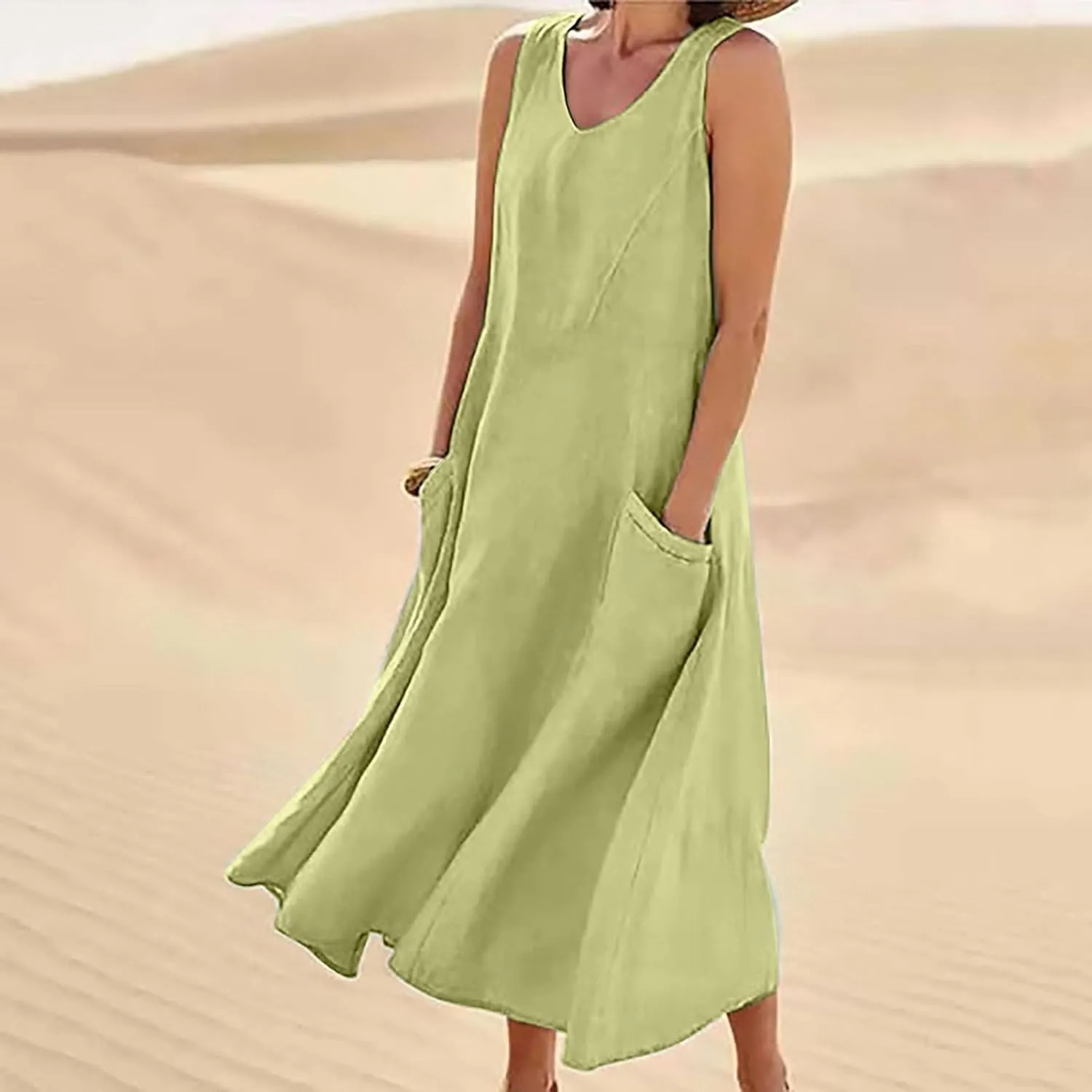 Sleeveless Striped Minn Dress Women's Fashionable Casual Solid Color Pocket V Neck Sleeveless Casual Dress 100