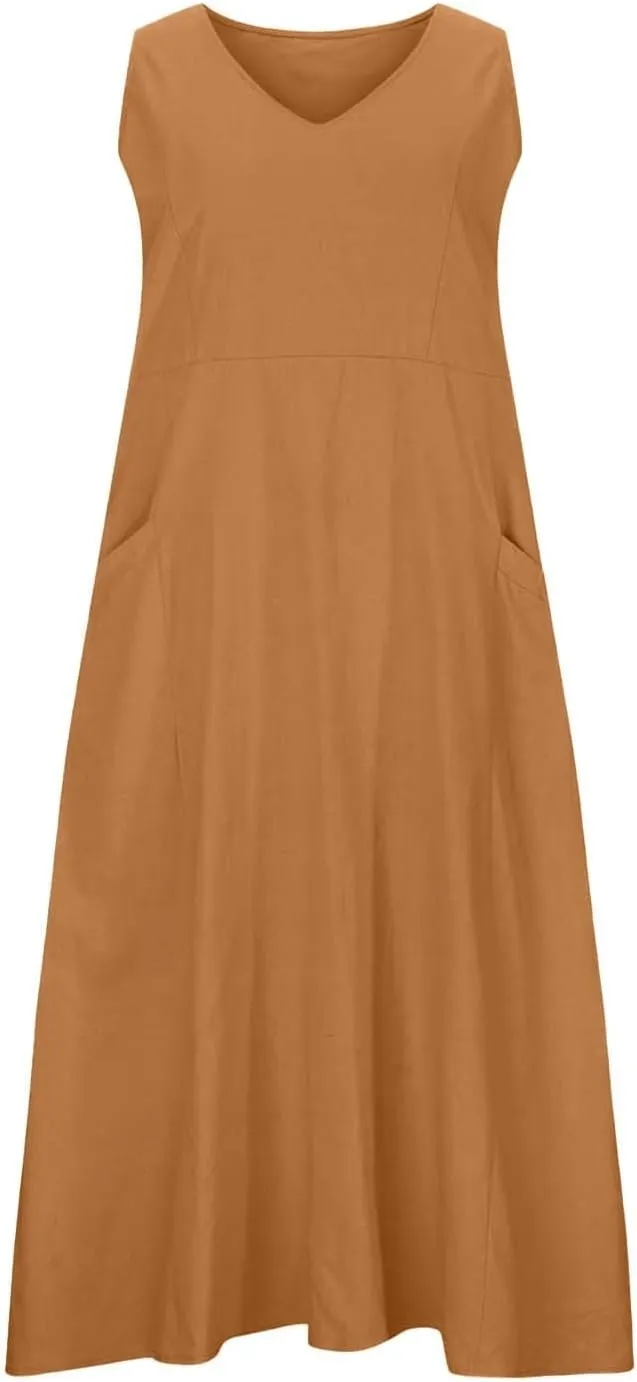 Sleeveless Striped Minn Dress Women's Fashionable Casual Solid Color Pocket V Neck Sleeveless Casual Dress 100
