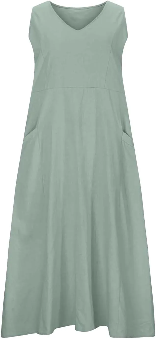 Sleeveless Striped Minn Dress Women's Fashionable Casual Solid Color Pocket V Neck Sleeveless Casual Dress 100
