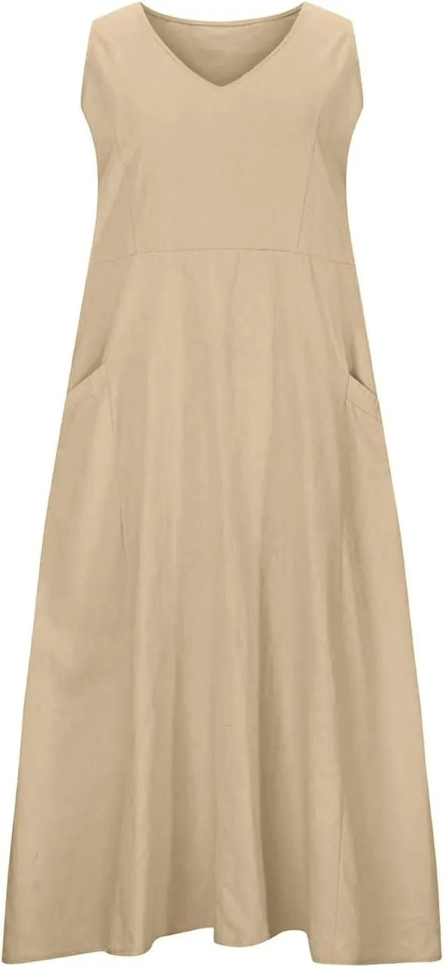 Sleeveless Striped Minn Dress Women's Fashionable Casual Solid Color Pocket V Neck Sleeveless Casual Dress 100