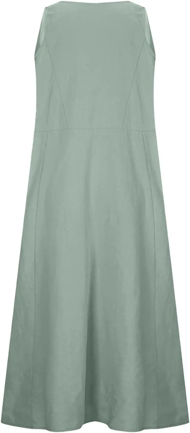 Sleeveless Striped Minn Dress Women's Fashionable Casual Solid Color Pocket V Neck Sleeveless Casual Dress 100