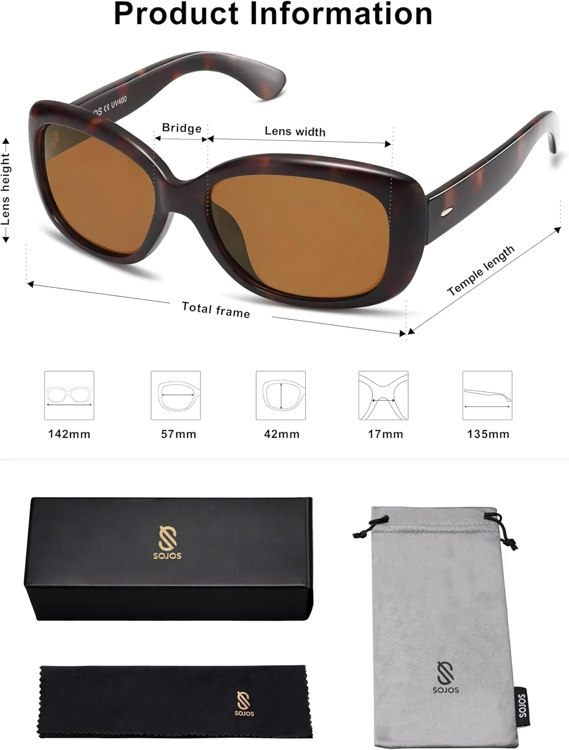 SOJOS Vintage Square Sunglasses for Women Polarized UV Protection Havana Frame