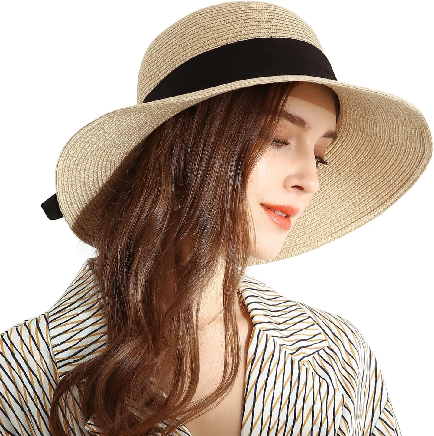 SOMALER Womens Straw Sun Hats Wide Brim Foldable Beach Hats UV UPF 50  Summer Sun Travel Hat for Women
