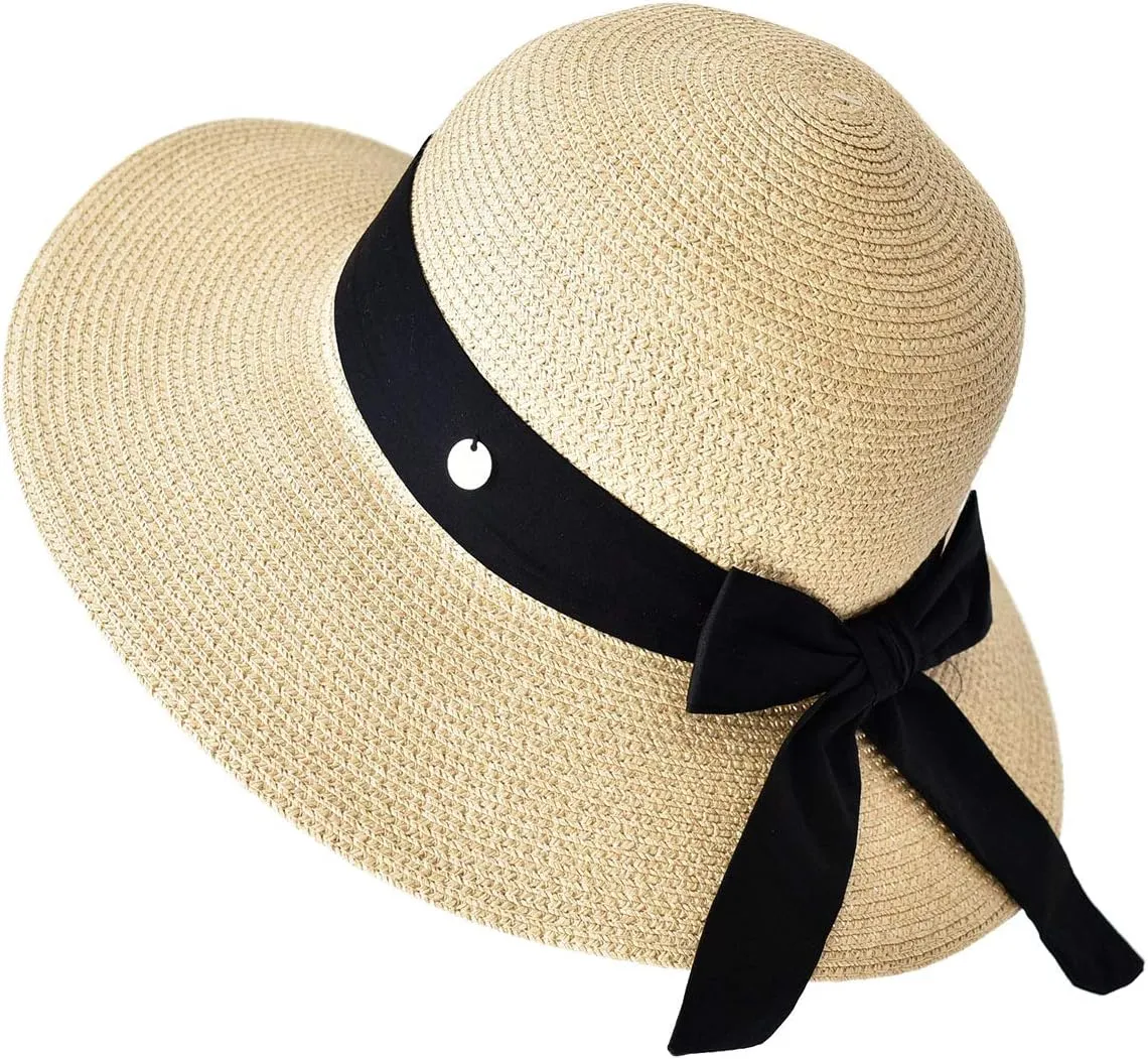 SOMALER Womens Straw Sun Hats Wide Brim Foldable Beach Hats UV UPF 50  Summer Sun Travel Hat for Women