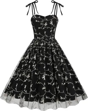 Spaghetti Strap Floral Embroidered Dress for Women Wedding Guest Tea Party Dress for Woman Tulle Prom Formal Cocktail Dress