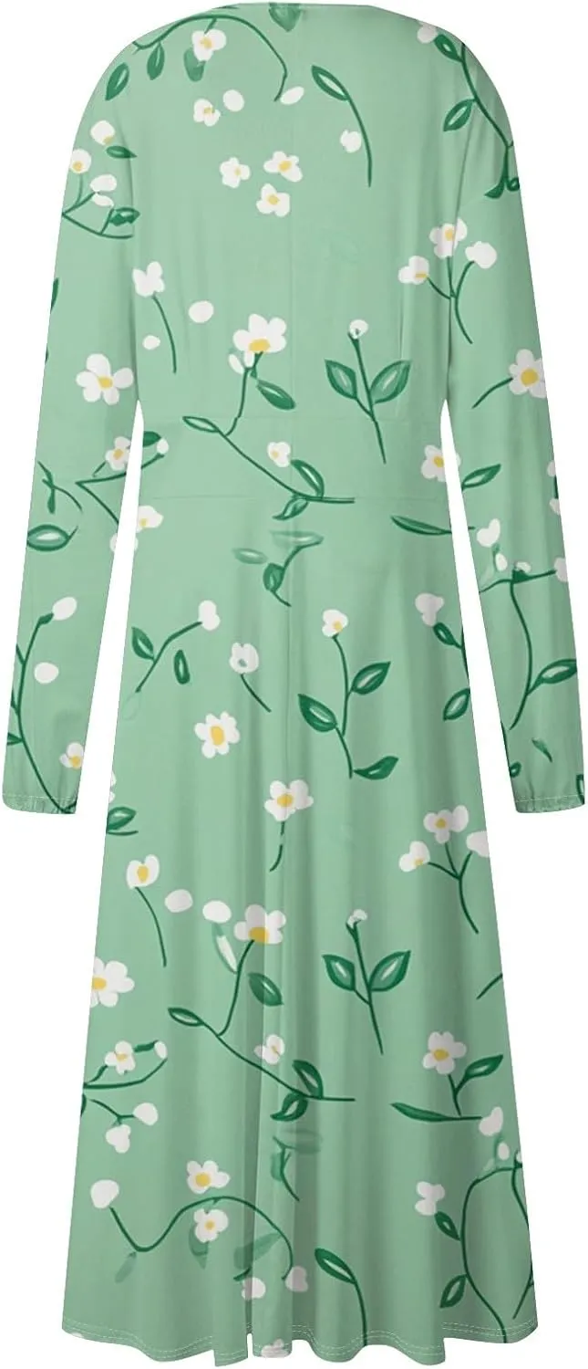 Spring Dresses for Women 2025 Long Sleeve V Neck Midi Boho Modest Cute Teens Office Western Dress