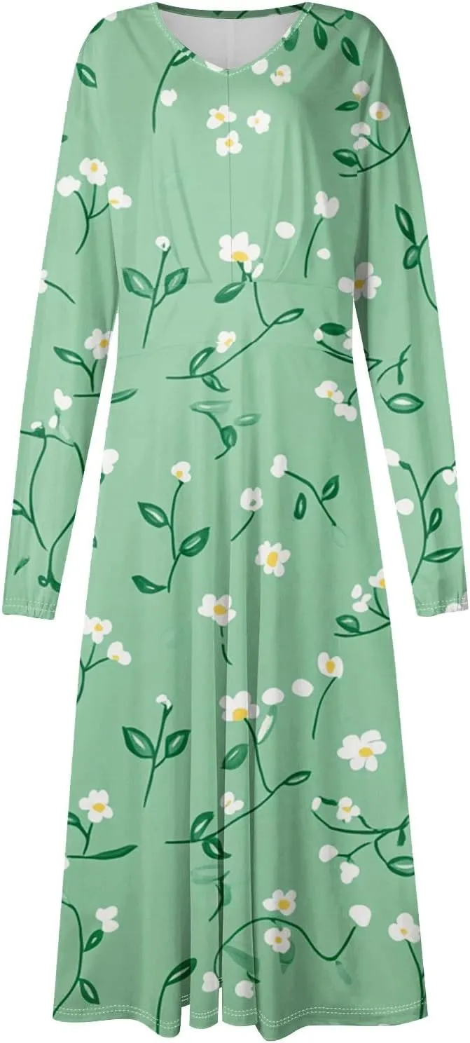 Spring Dresses for Women 2025 Long Sleeve V Neck Midi Boho Modest Cute Teens Office Western Dress