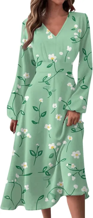 Spring Dresses for Women 2025 Long Sleeve V Neck Midi Boho Modest Cute Teens Office Western Dress