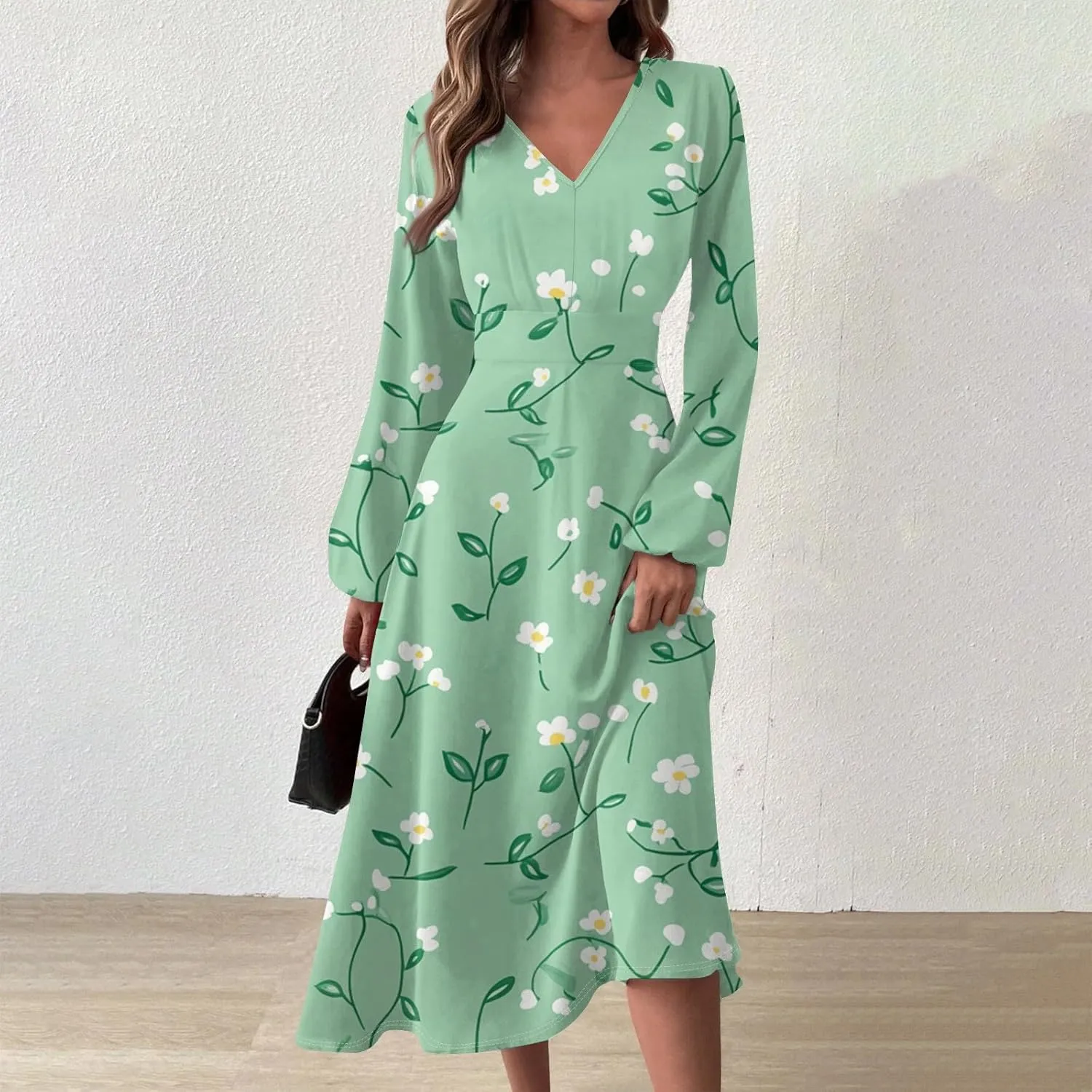Spring Dresses for Women 2025 Long Sleeve V Neck Midi Boho Modest Cute Teens Office Western Dress